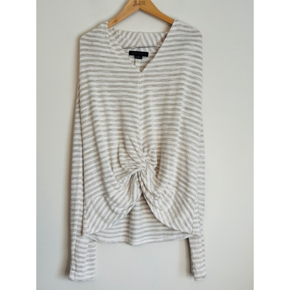 Sanctuary Striped Twist Front V Neck Top White Gray Medium